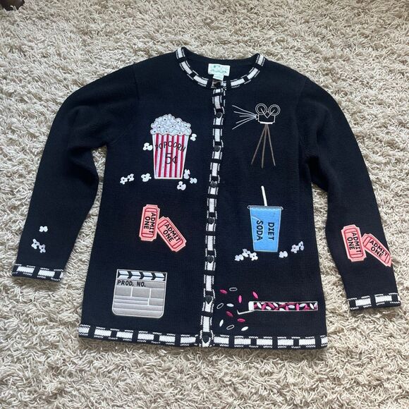 Awesome Quacker Factory Sweater S Movie, Snacks, Cardigan, Black, Embroidered - Picture 1 of 13